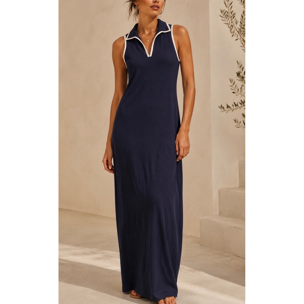 NEW House of Harlow Sz S Navy Collar Ribbed Long Maxi Dress Modal Preppy Cozy